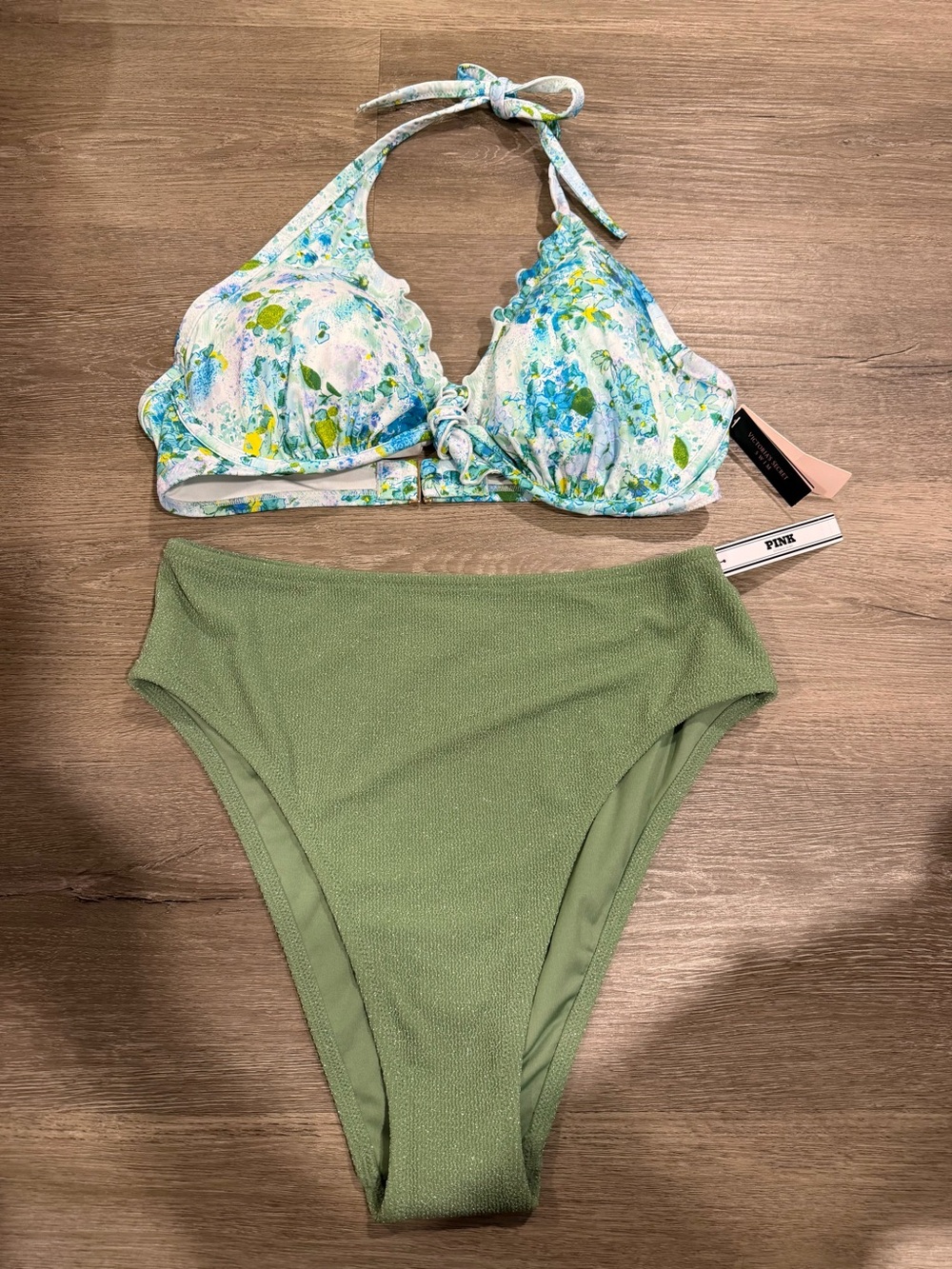 Floral Halter Bikini Top and Olive High-Waist Bottoms - Women Swim